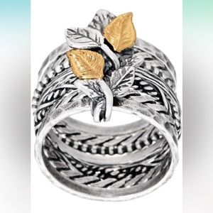 PAZ CREATIONS .925 Sterling silver multi-band ring with 14K Gold Leaves (10)